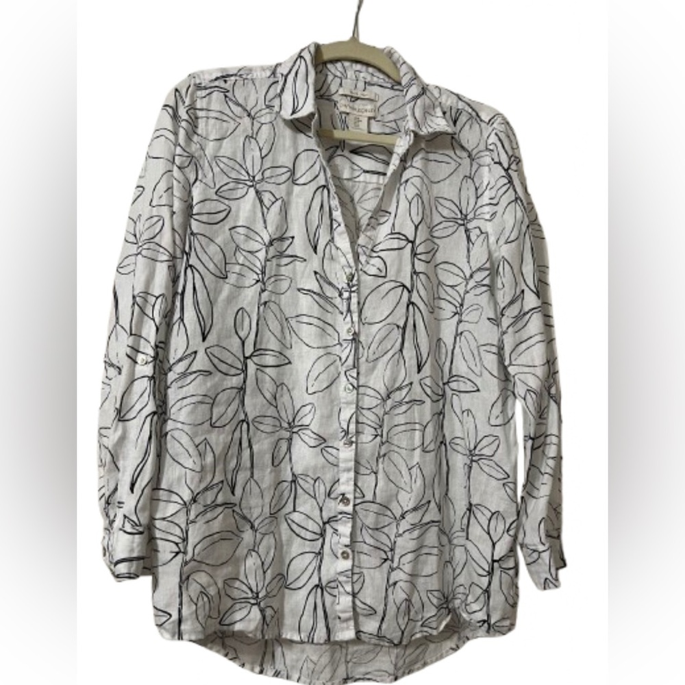 Cynthia Rowley Black and White Leaf Print Button-Down Shirt